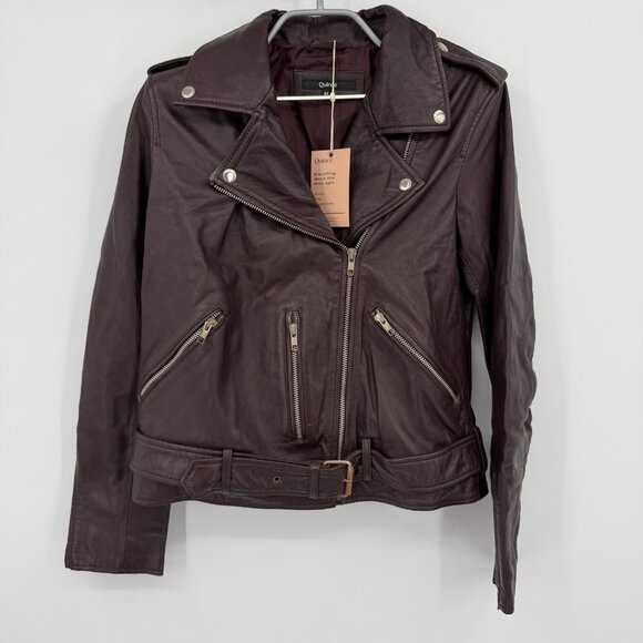 Quince Women's Port Leather Motorcycle Jacket sz M Medium Sheep Leather Belted - Picture 1 of 10